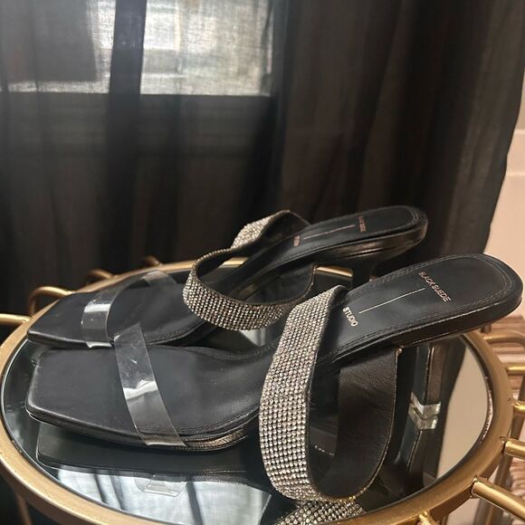 Black Suede Studio Crystal Double Strap Sandals - Picture 3 of 6